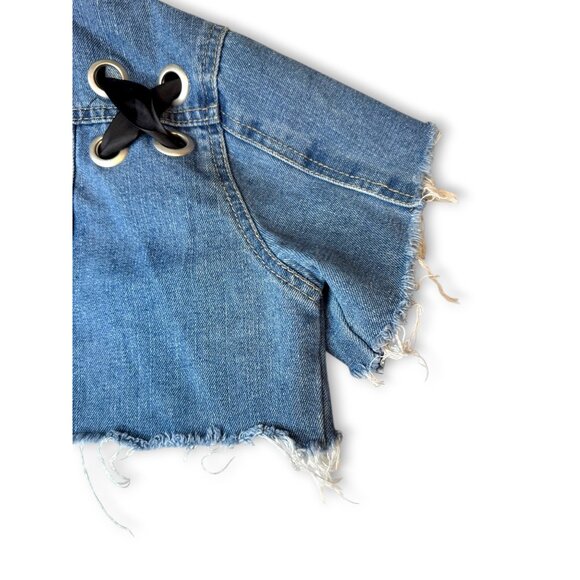 Crave Fame Denim Crop Jacket Distressed Hem Lace-Up Back Size Small - Picture 9 of 14